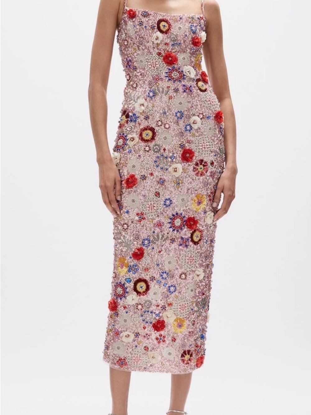 Rachel Gilbert Pink Embellished Floral Midi Dress